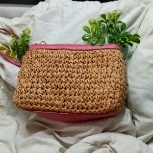 Pink leather and straw wristlet/purse